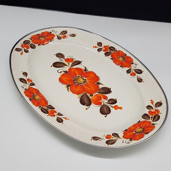 Vintage Showpans Sanko Ware Japan Oval Serving Platter With Orange Floral Design - Picture 7 of 10